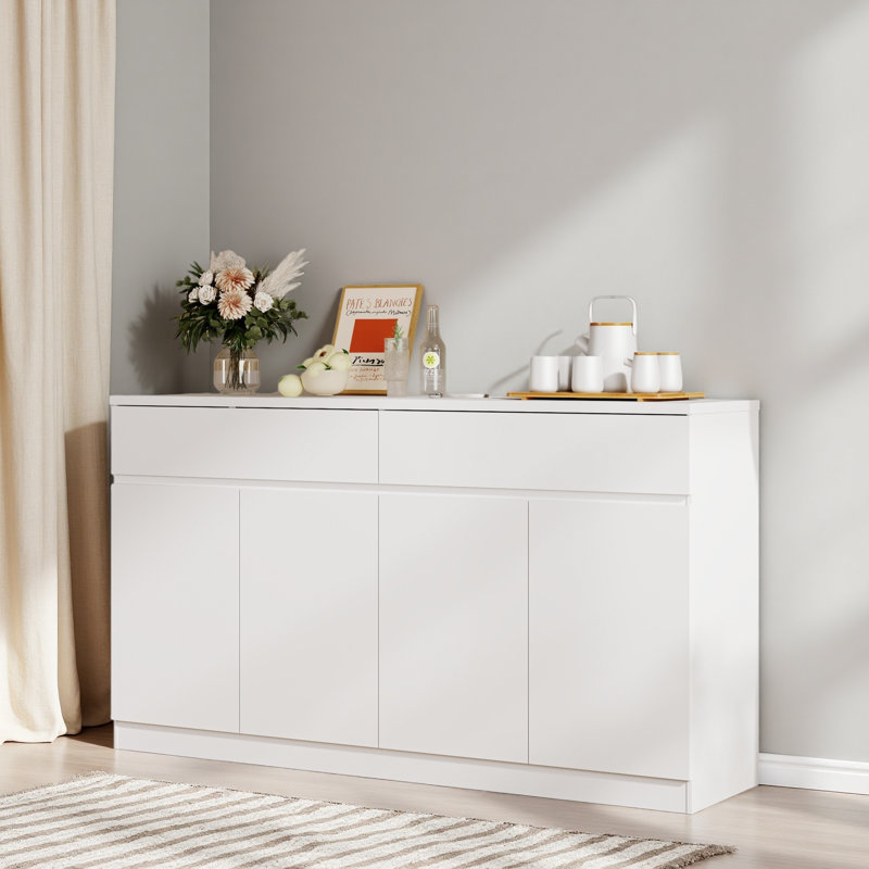 Buffet avec rangement, grande armoire de rangement avec 2 tiroirs et 4 portes, table basse en bois pour la salle à manger