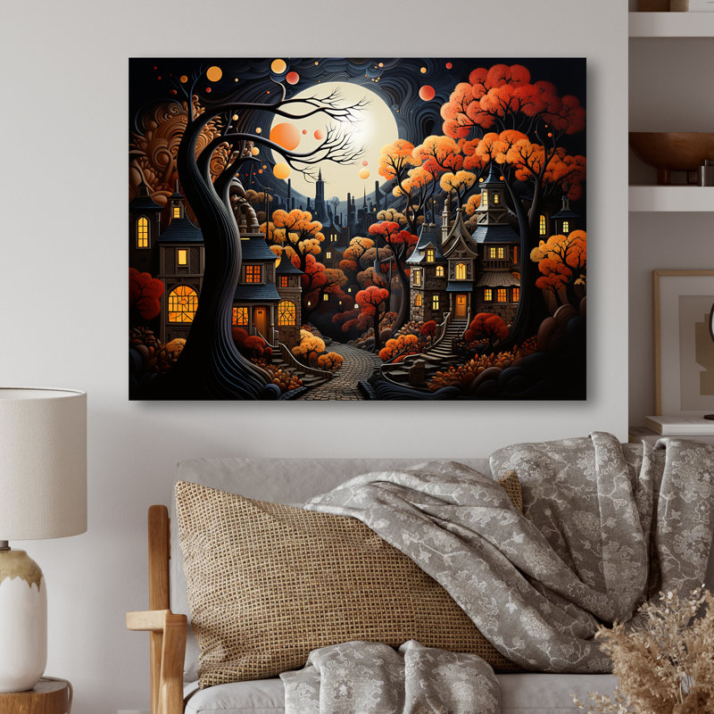 Cozy Village In Autumn Moonlit IV - City Art Deco Metal Wall Art, 30" H x 40" W x 1.5" D