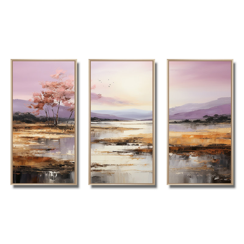 Mauve et or, lac et montagne I - art mural lac, Cadre flottant brun, H 40 po x l 61 po x P 1 po