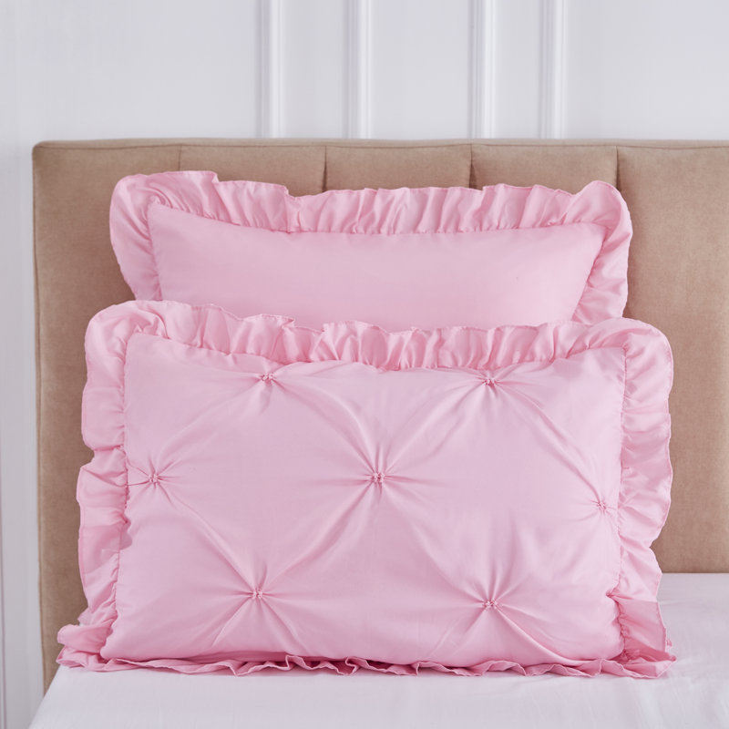 Ensemble d'édredon 5 pièces princesse romantique Pintuck, Édredon pour lit très grand + quatre taies déco, Rose
