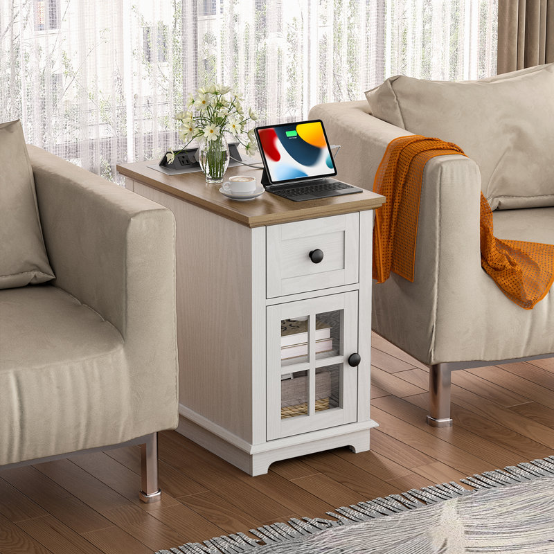 Antrea Tray Top End Table Set with Storage and Built-In Outlets, Dark Walnut Top/White Base