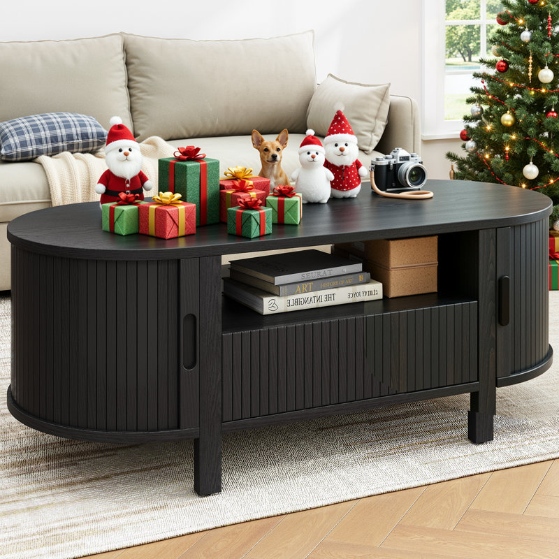Table basse 47,2 po ovale avec rangement, table d'appoint cannelée avec tiroirs et portes tambour rondes, Noir