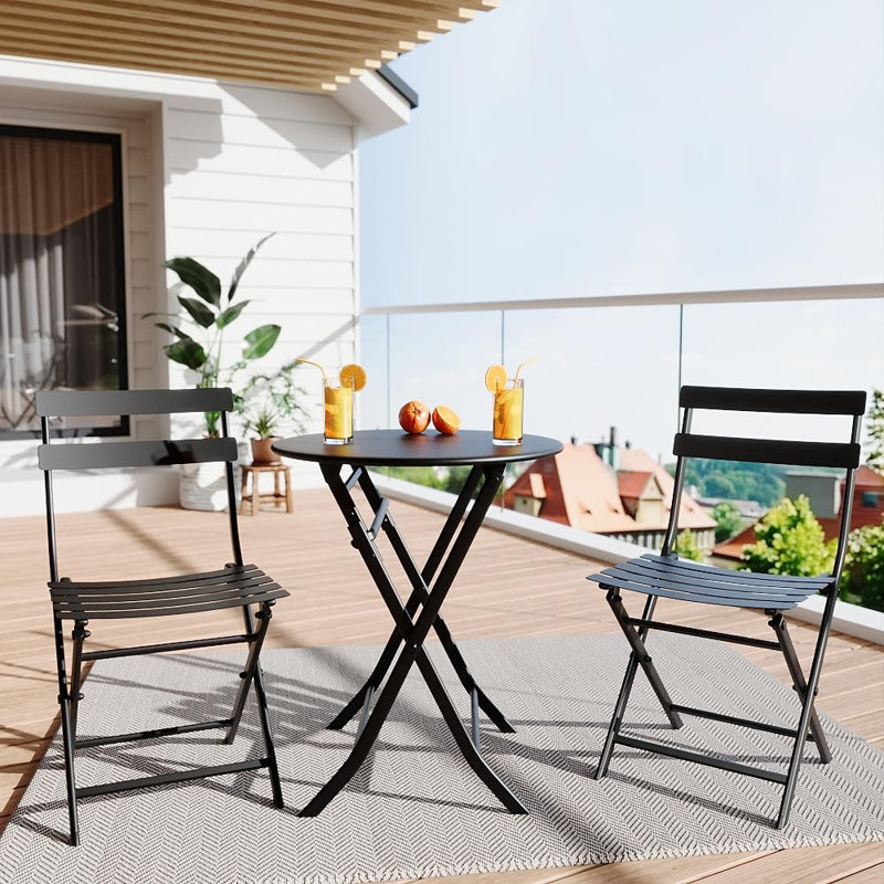 3-Piece Folding Bistro Set, Foldable Patio Furniture Set With Premium Frame, Black