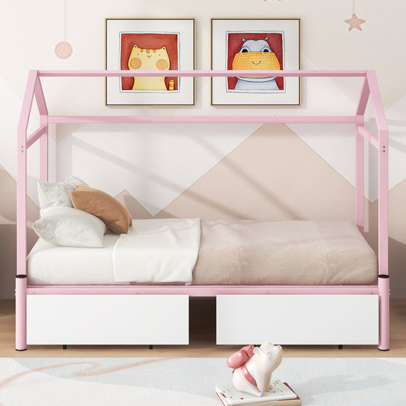 Lit plateforme simple TG avec très grand lit avec 2 tiroirs, Rose