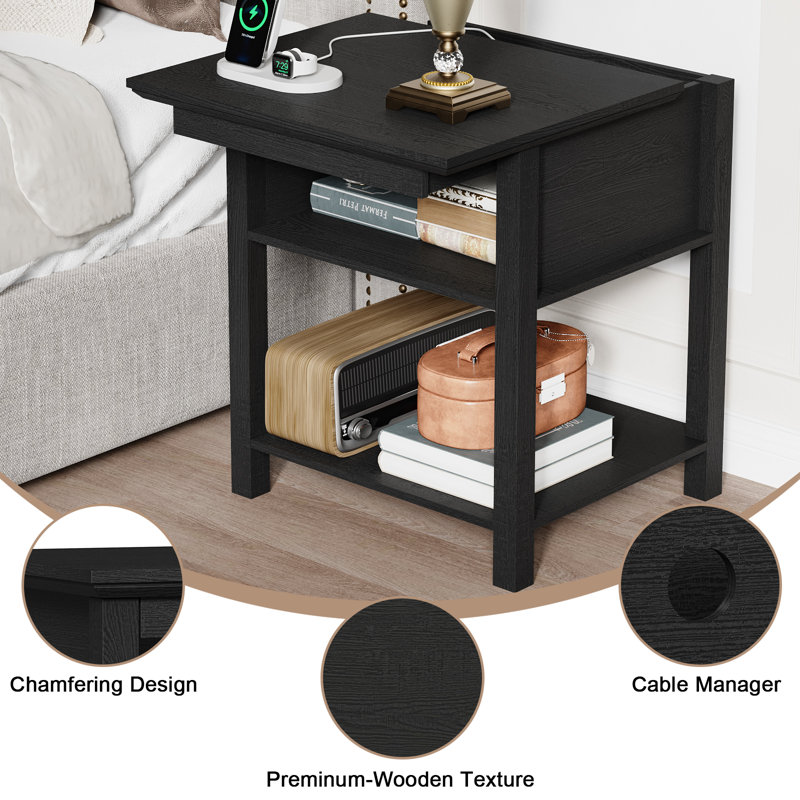 Analiesa End Table With Storage And Charging Station, Black Top/Black Base