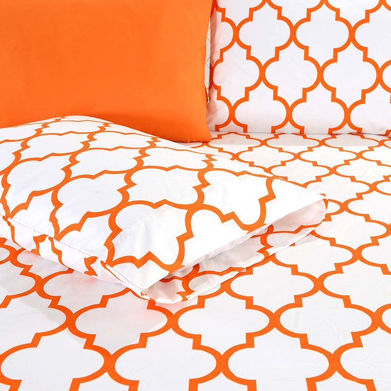 1500 Thread Count Luxury Soft Geometric Sheet Set, Orange, King Sheet Set + Fitted Sheet + 4 Pillowcases