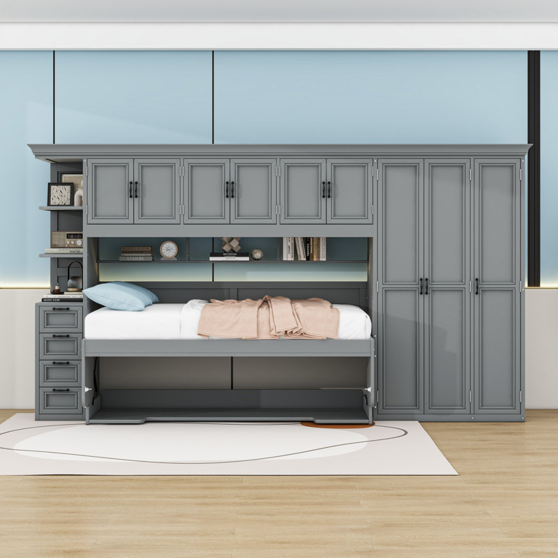 Lit escamotable convertible simple avec grand rangement et bureau, Gris