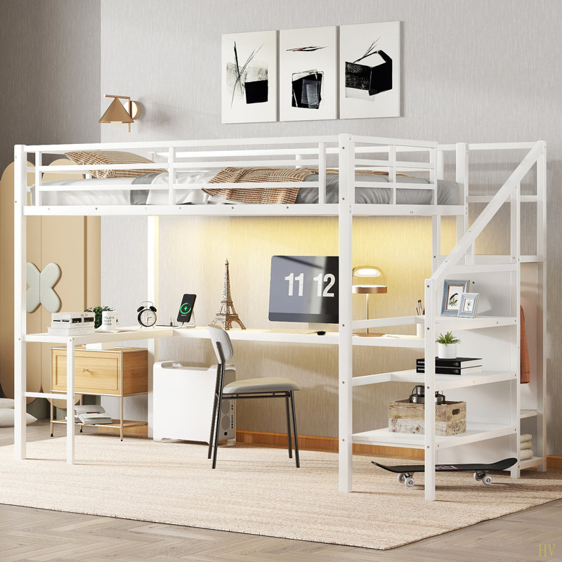 Twin XL Size Loft Bed With L-Shaped Desk And USB, Metal Loft Bed With Wardrobe And Adjustable Shelf, High Loft Bed With LED For Kids Teens Adults