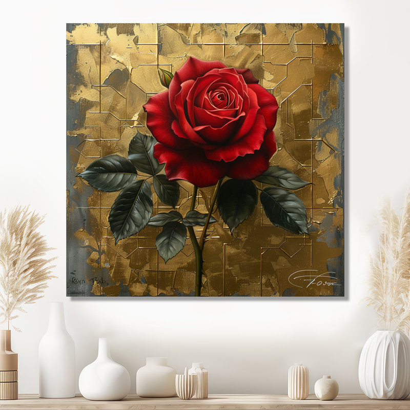 Rose rouge géométrique rétro or I - rose art mural salon, Toile tendue, H 30 po x l 30 po x P 1 po