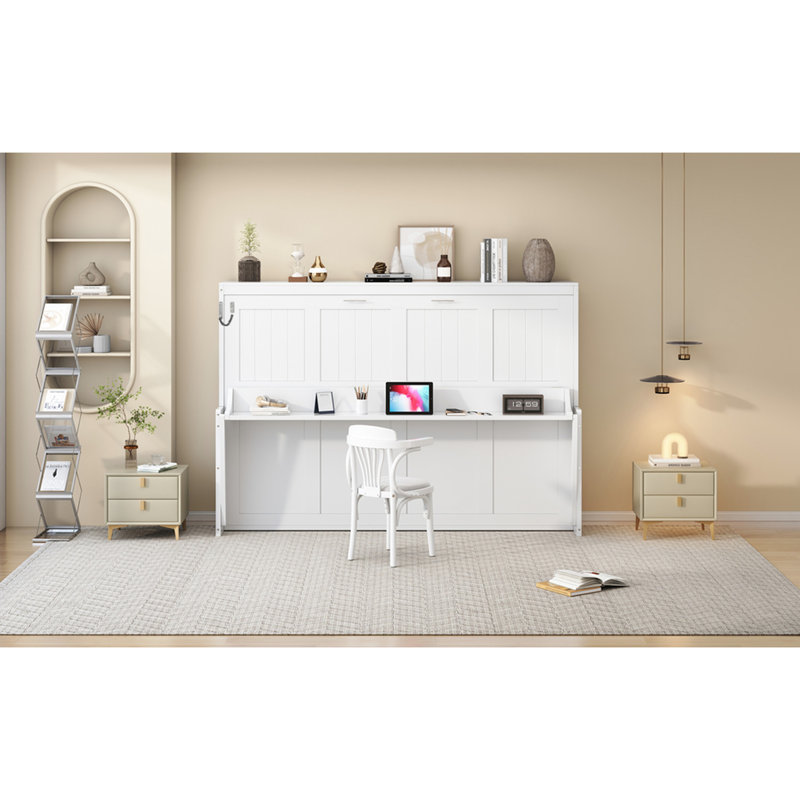 Grand lit mural blanc avec charnières hydrauliques, espace et pratique, capacité de poids de 600 lb, rangement pour matelas inclus, convient aux intérieurs industriels, bureau de levage suggéré de 10 pouces, option pour les chambres,