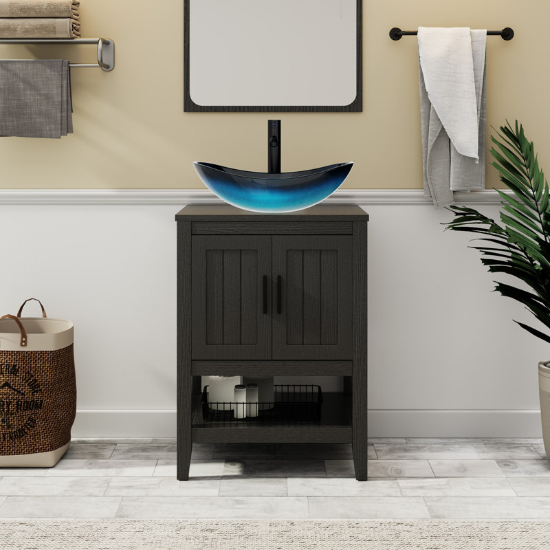 Sharee 24" Single Bathroom Vanity Set With Vessel Sink, Faucet And Drain, Assembly Required, Black