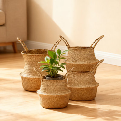 Natural Seagrass Plant Basket Set Of 4, Hand Woven Round Boho Indoor Outdoor Planters With Handles For Home Decor, Storage And Picnic Use