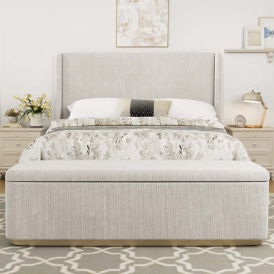 Corduroy Vertical Stripe Wingback Headboard Bed Frame With 130L Storage Ottoman