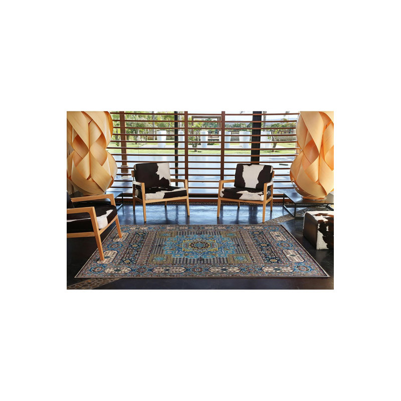 Tapis bleu tissé traditionnel lavable à la machine, Tapis de couloir 3 pi 3 po x 9 pi 10 po