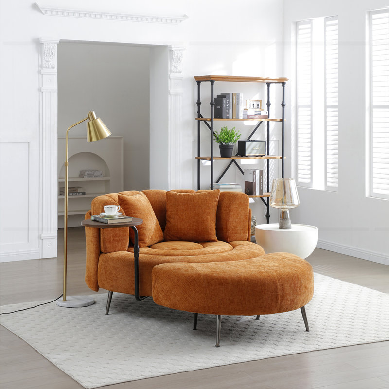Fauteuil demi-tonneau surdimensionné avec repose-pieds, Chenille orange