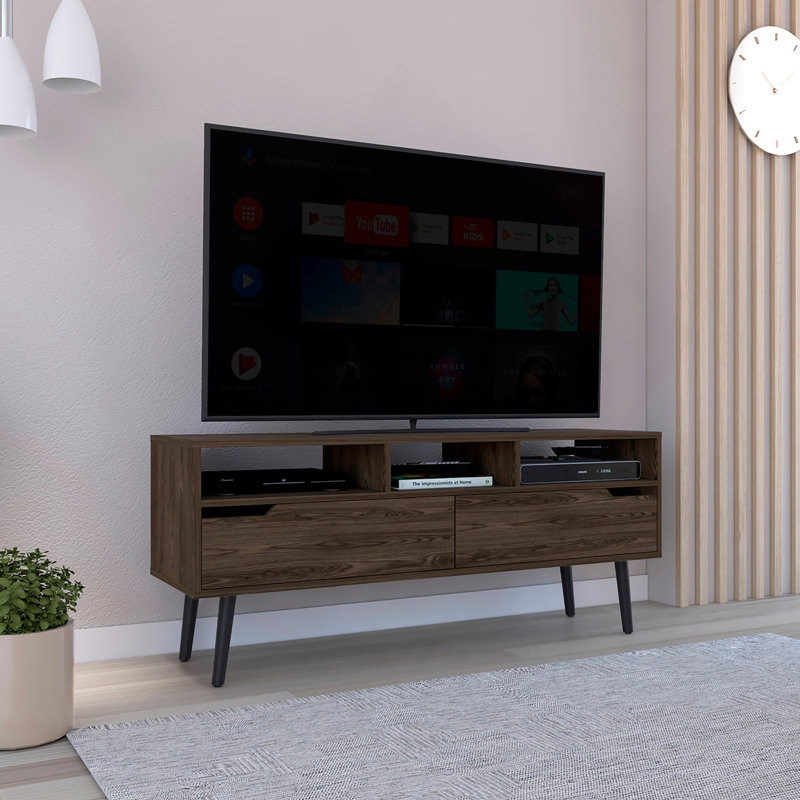 Meuble télé pour télé Bull's 52 po, trois tablettes ouvertes, deux tiroirs flexibles, finition noyer foncé