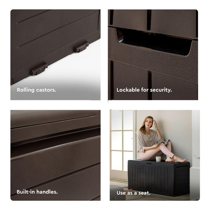 Brown Lockable Plastic Wicker Deck Box with Wheels, 71 Gal