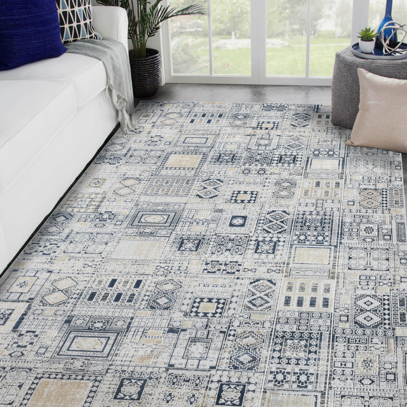 Tapis bleu / ivoire Palmea, Rectangle 4 pi 1 po x 6 pi