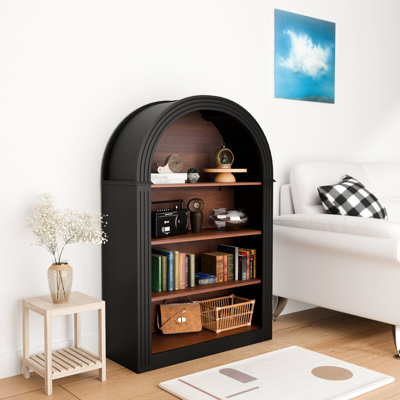 Bibliothèque 45,66 "en bois arqué avec 4 tablettes, noir, stable, rangement pour, look moderne rétro, bibliothèque noire à tablette basculante, présentoir ouvert dans la chambre à coucher, design classique, trousses