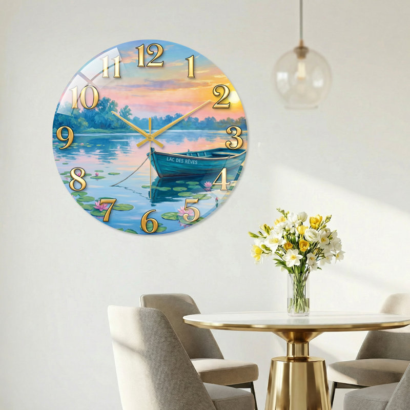 "Lake Boat", horloge murale en verre, 40 x 40 cm (15,7 x 15,7 pouces)