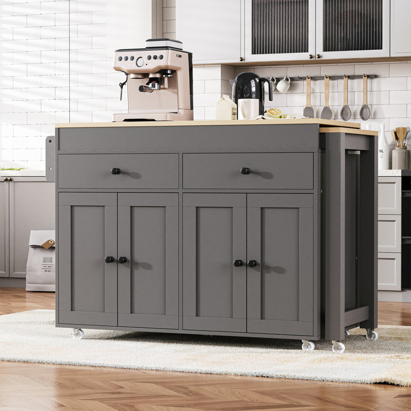 Îlot de cuisine gris à 4 portes avec rangement et table extensible