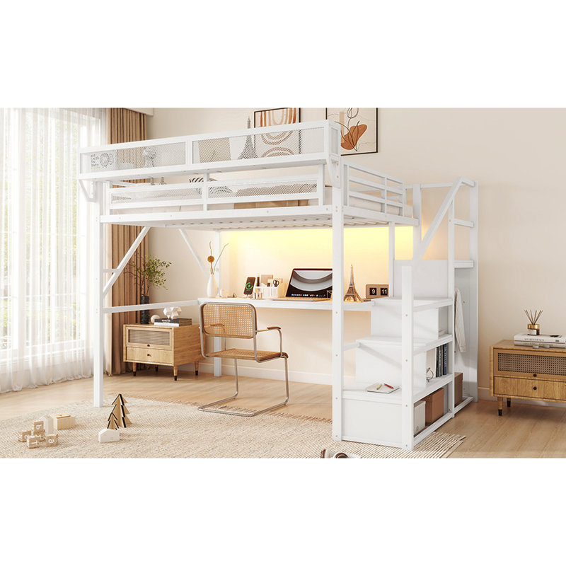 Grand lit mezzanine en métal avec escalier, bureau, station de charge et rangement pour adolescents, blanc, blanc