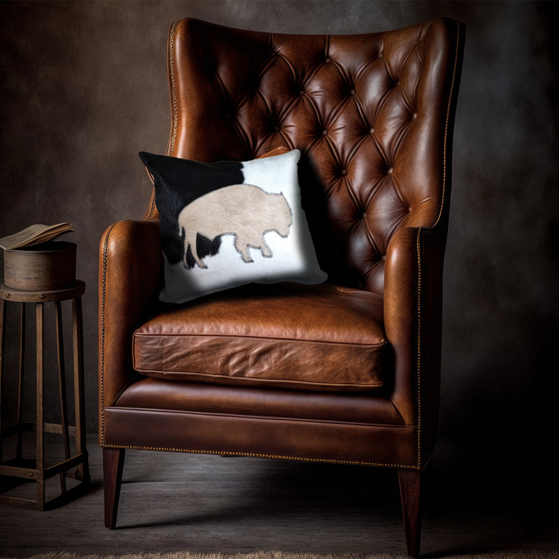 Cowhide Cushion Cover with Bison, 16"H x 16"W