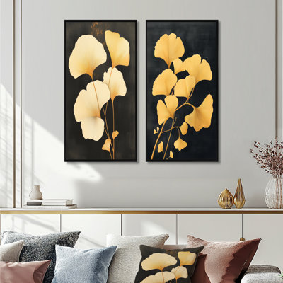Feuilles de ginkgo dorées I - Ensemble de 2 impressions sur toile Ginkgo
