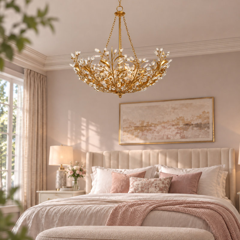 6- Light Gold-Leaf Crystal Chandelier