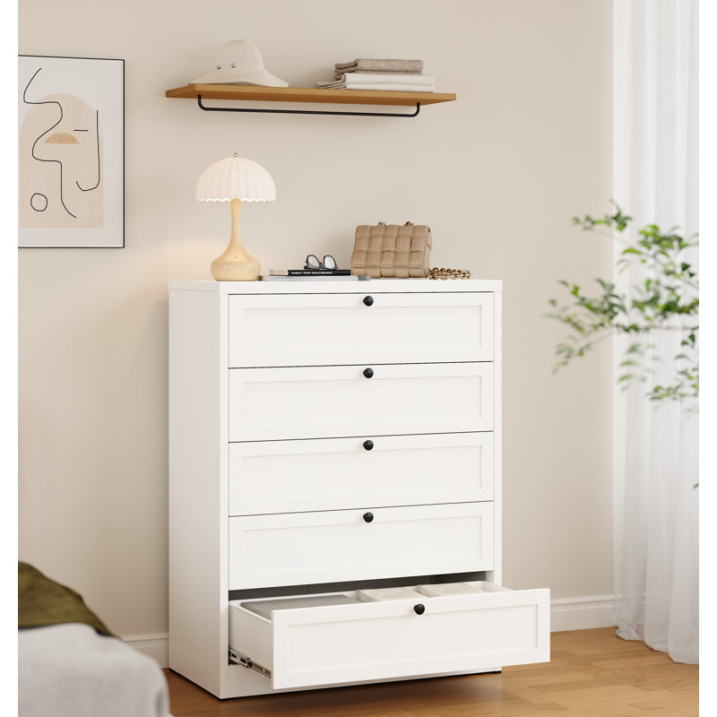 Grande commode à 5 tiroirs l 32 po, rangement en métal blanc pour la chambre à coucher et le salon