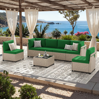 6-Person Outdoor Patio Set Seating Group with Cushions & Coffee Table,  Wicker Modular Outdoor Conversation Set