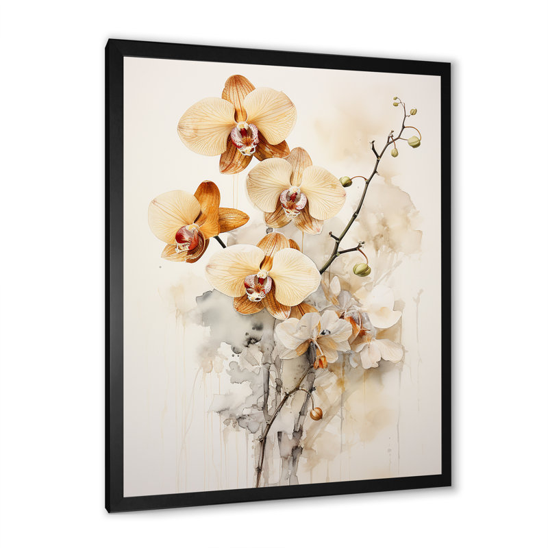 Orchidée beige et or qui fleurit, H 20 po x l 12 po x P 1 po, Cadre simple noir