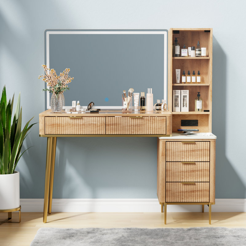 48" Vanity Desk With Hd Lighted Mirror & Glass Top, Natural Oak