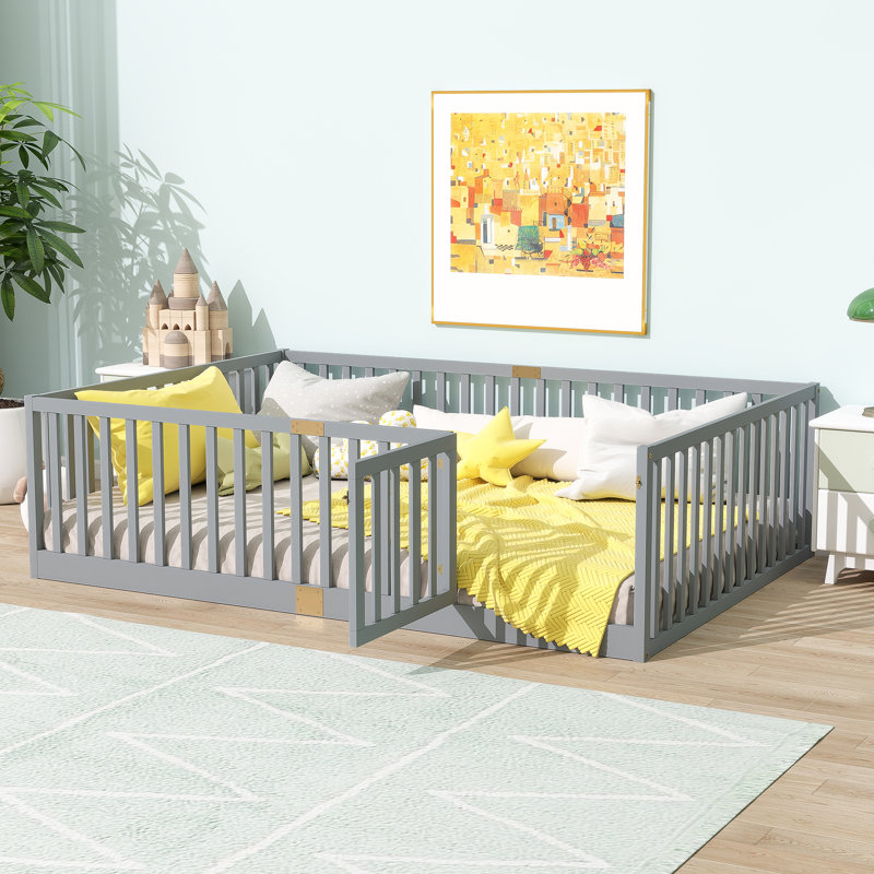 Full Size Floor Bed with High Fence Railings, with Door,6 Slats Included, Rubber Wood Floor Bed with Safety Guardrails,Grey