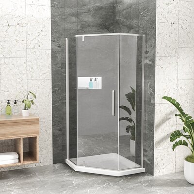 Shower Door 34-1/8"" X 72"" Semi-Frameless Neo-Angle Hinged Shower Enclosure, Chrome -  Kichae, KE-KHWM3B31-1-34SS