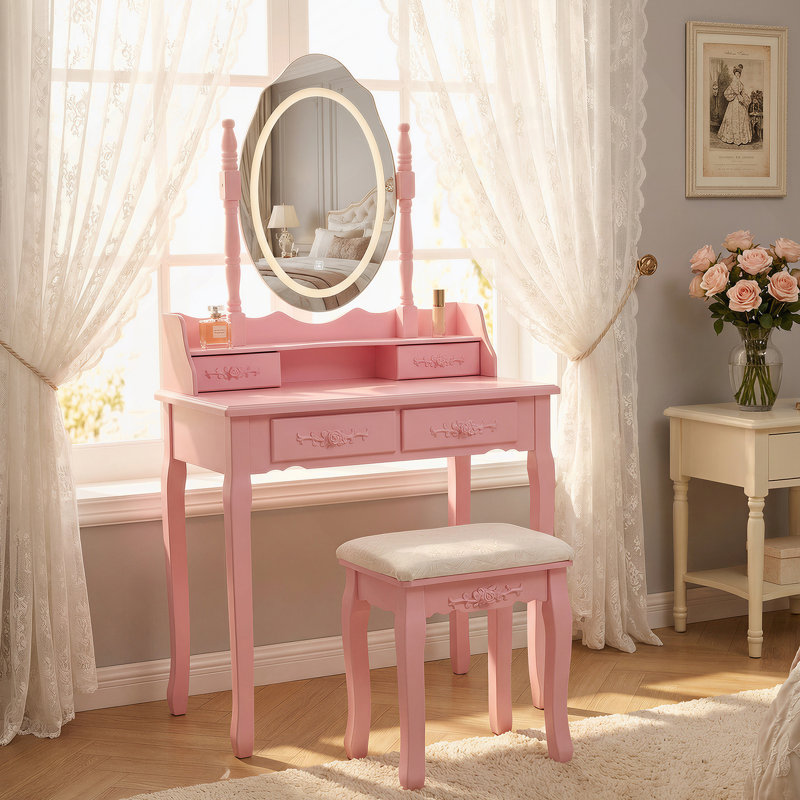 Vanity Desk Set With LED Light Mirror And Cushioned Stool For Bedroom, Pink