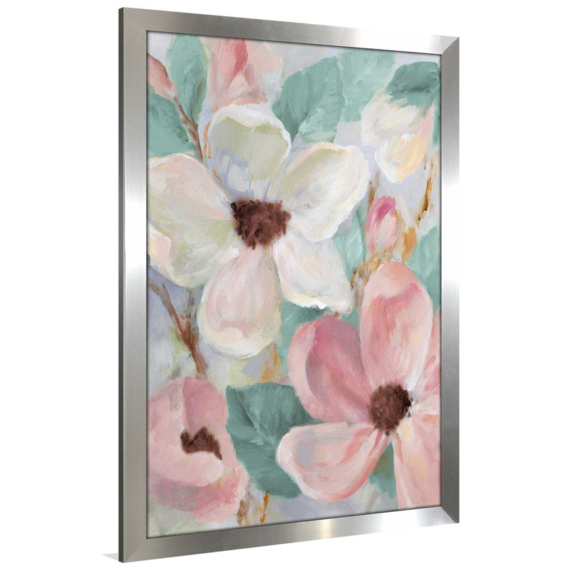 «Silemment Bloom Teal I», reproduction de peinture à l'huile, H 24 po x l 18 po x P 0,75 po, Encadrement argenté