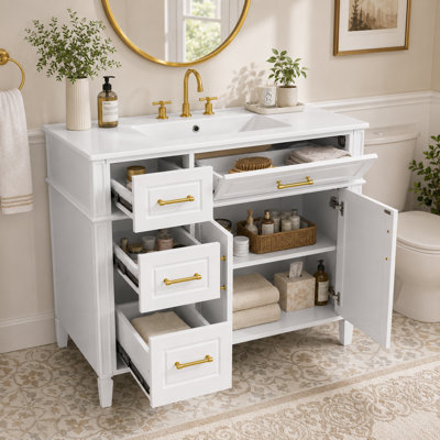 Meuble-lavabo blanc en céramique de deux pièces de 36 pouces avec tiroirs rabattables et quatre tablettes en bois de pin.