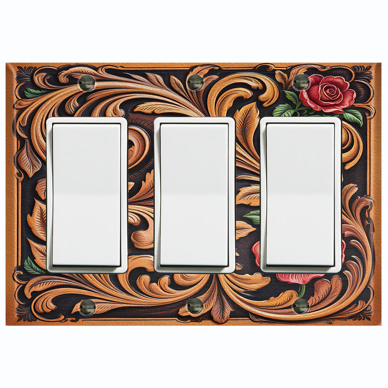 Plaque d'interrupteur en métal ; interrupteur à bascule GFCI 3 modules, format standard américain ; motif de rose de l'Ouest imprimé.