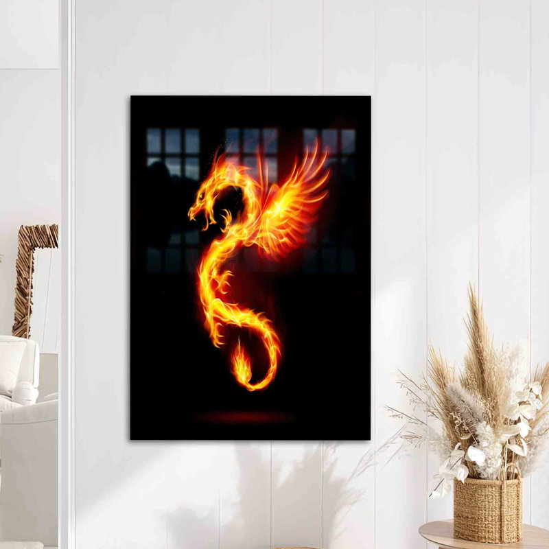 Art mural en verre trempé Dragon chinois cracheur de feu pour une décoration dynamique sur le thème des animaux