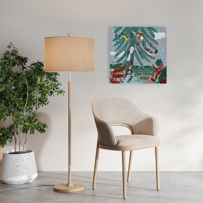 Four Calling Birds Abstract Contemporary Pine Tree Bird Winter Landscape Wall Art Print 1 Piece Wrapped Canvas Wall Art