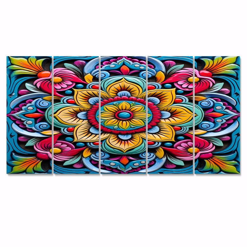 Art mural vibrant 5 x fuchsia azur jaune - Boho Mandala, H 32 po x l 80 po