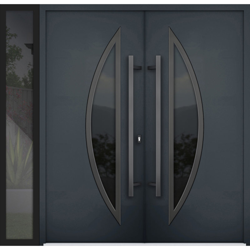 Façade extérieure avant double portes en métal / deux fenêtres en verre anthracite teinté émaillé anthracite / deux avec fenêtre extérieure Sidelite / entrée moderne peinte à gauche 84 po x 80 po