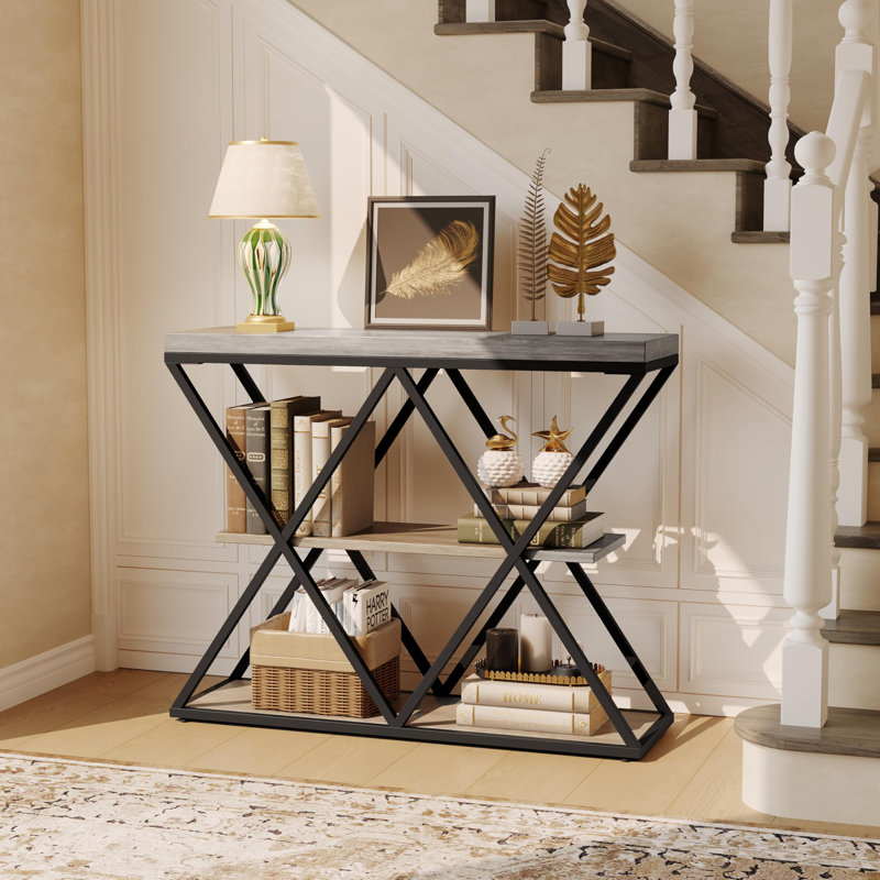  Table d'entrée à 3 niveaux, console industrielle avec rangement, table d'appoint avec tablettes ouvertes, structure en métal en forme de X, table d'entrée, couloir, gris