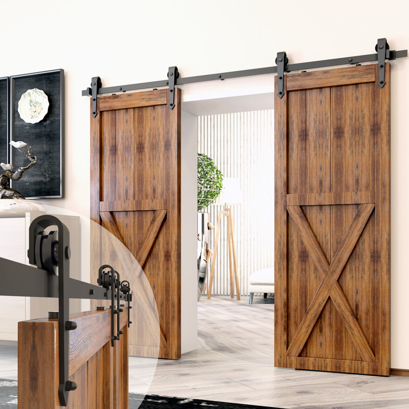 Black Rustic Arrow Design Non-Bypass Single Track Two Door Hardware Kit( Door Not Included), 132 in.