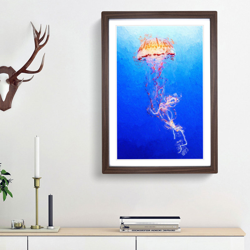 Orange Jellyfish in Abstract - Picture Frame Painting Print, 48cm H x 36cm W x 2cm D, Walnut Framed
