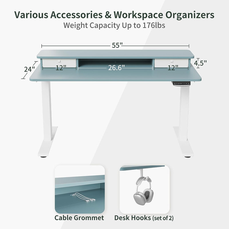 Height Adjustable Standing Desk, 47.24" H x 55.12" W x 23.63" D, Blue/White