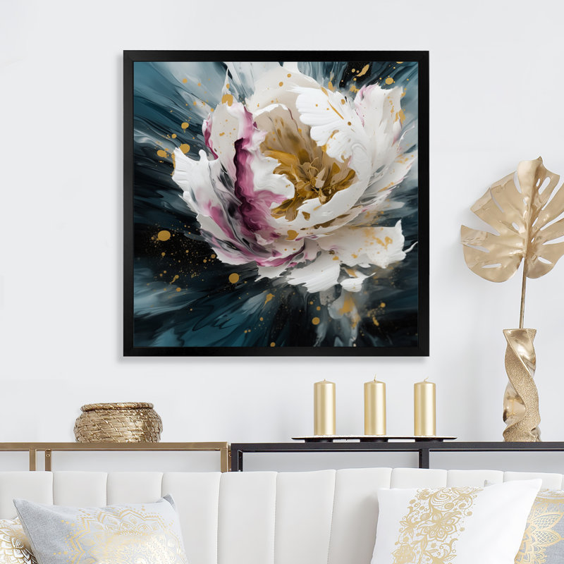 «White Peony Petals In Bloom I», reproduction d'art sur toile, Cadre photo noir, H 16 po x l 16 po x P 1 po