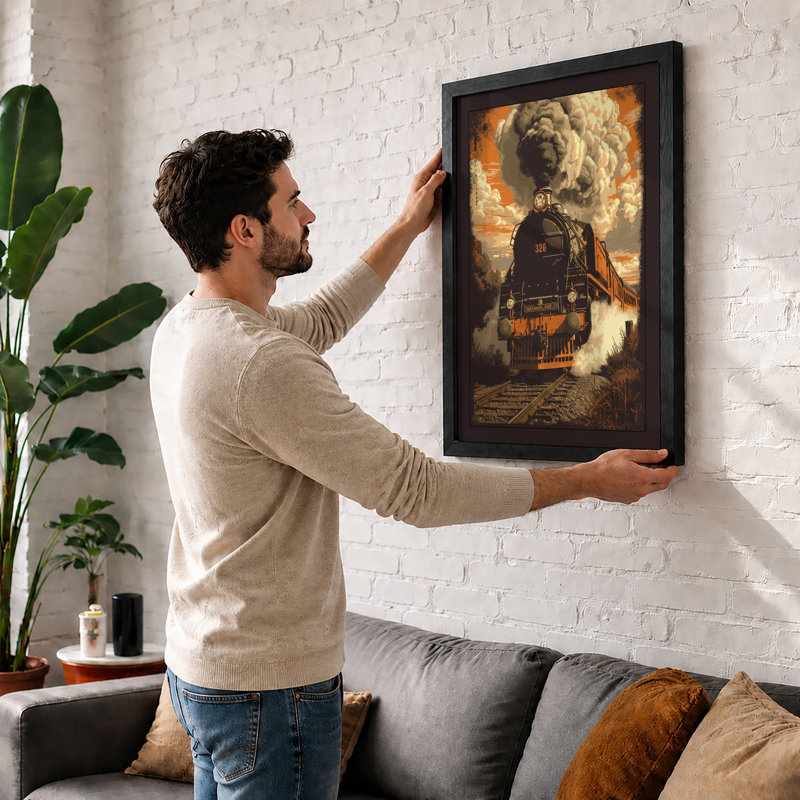 Steam Locomotive 382 Retro - Framed Print, A3 - 42.0 x 29.7 cm, Oak