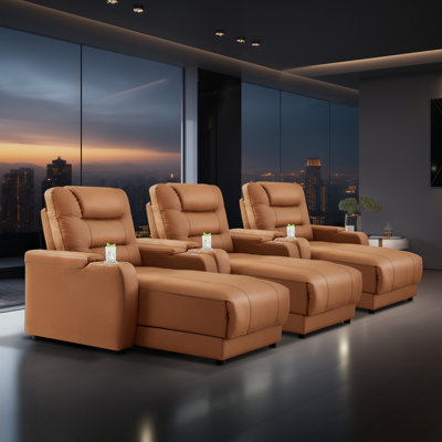 Modern Electric Power Reclining Home Theater Set: Breathable Faux Leather, Adjustable Backrests, Wireless Charging, Cup Holders (Set Of 3)